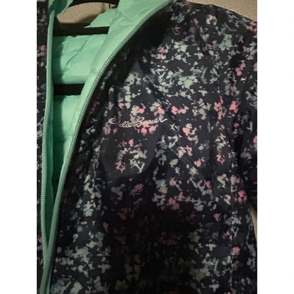 Eddie Bauer Kids Reversible Down Puffer Jacket Aqua Mint Floral Size S 7/8